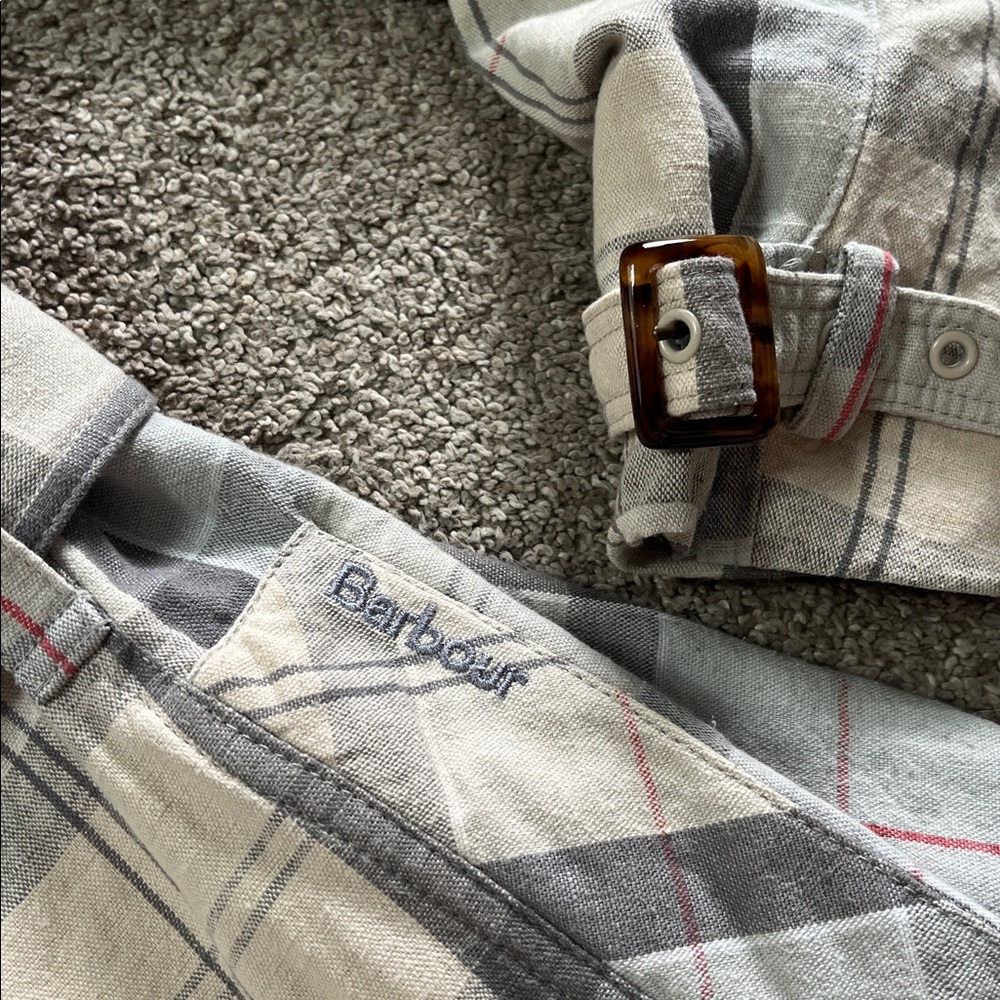 Classic Barbour Pastel Plaid sz4 Cotton Linen Tortoiseshell Hardware Trench EUC - Picture 6 of 16